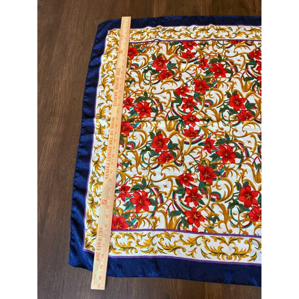 Vintage Baroque Gold Scroll Floral Silk Feel Square Scarf Navy